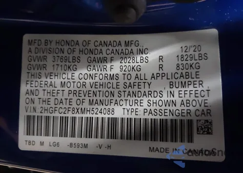 2021 Honda Civic Sport из США, поврежденный, VIN 2HGFC2F8XMH524088